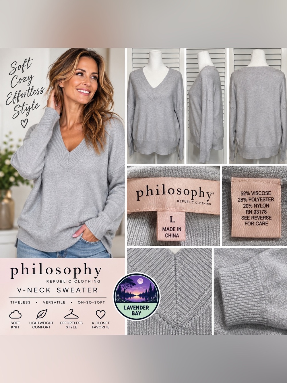 NWT  Philosophy Republic Clothing V-neck sweater in Silver Grey Heather